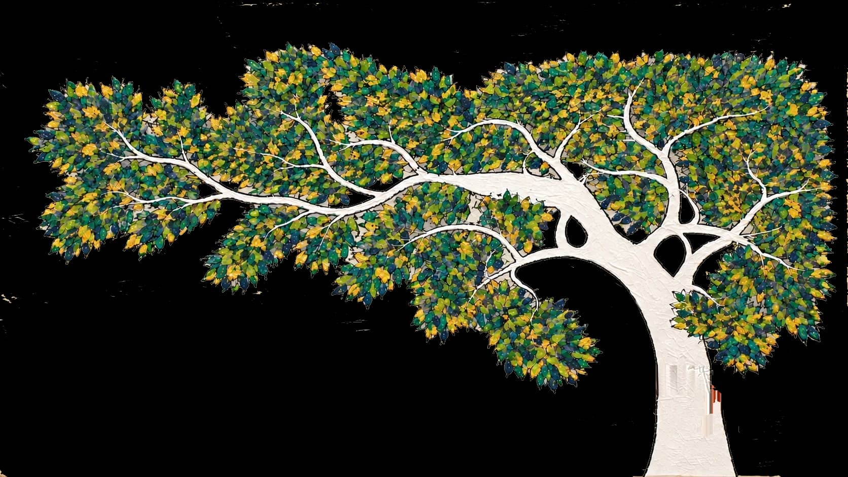 Painting of a white tree with a canopy of green, blue and gold leaves, and a red raksha sutra knotted round its trunk